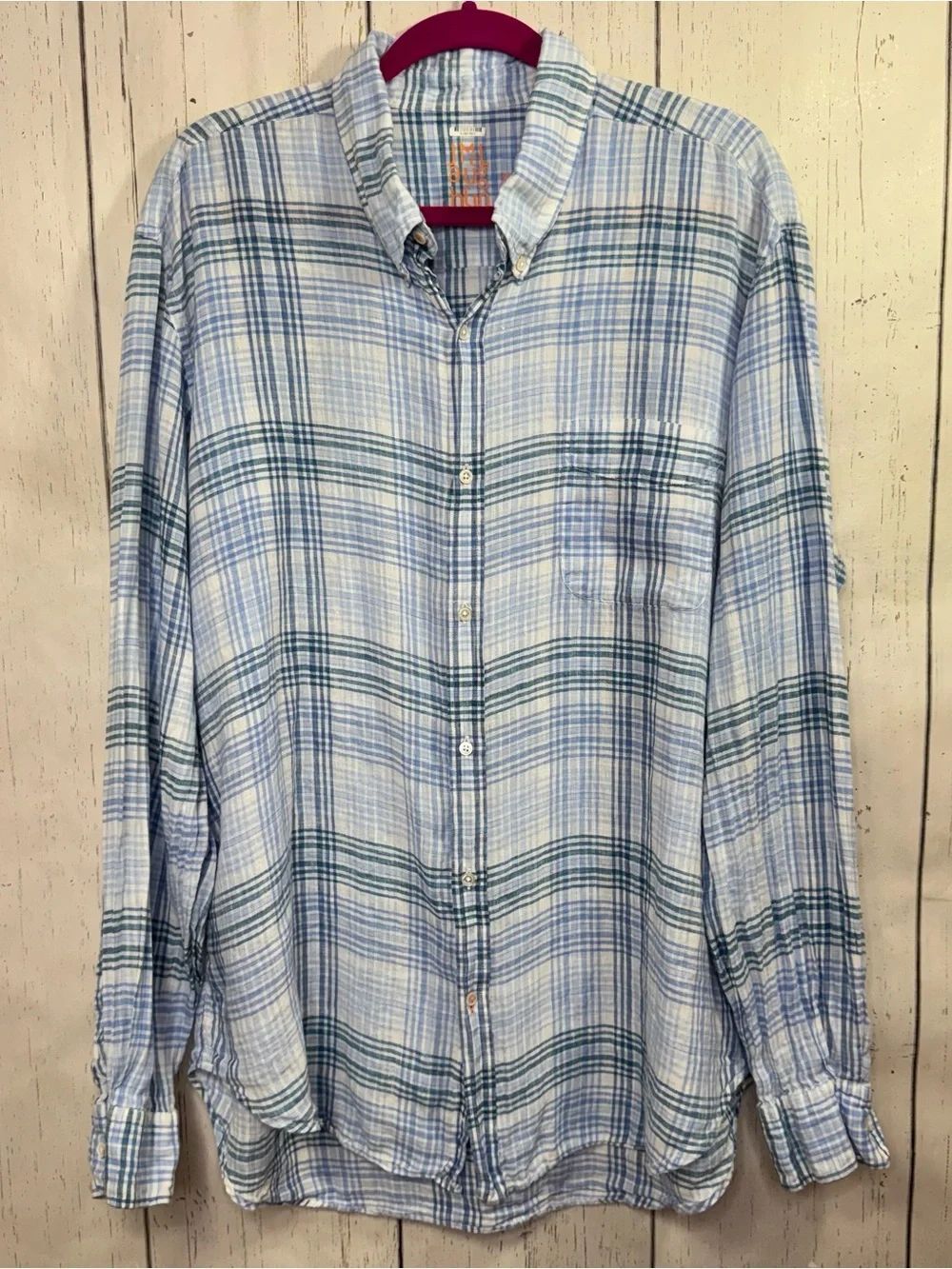 J.McLaughlin Blue Plaid Linen Button Front Shirt XL Coastal Preppy Classic Relax